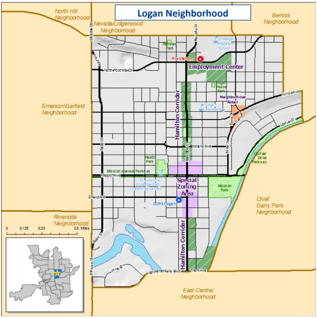 A map of the Logan Neighborhood. The map identifies special areas such as commercial zones, parks, main neighborhood corridors, and more. 